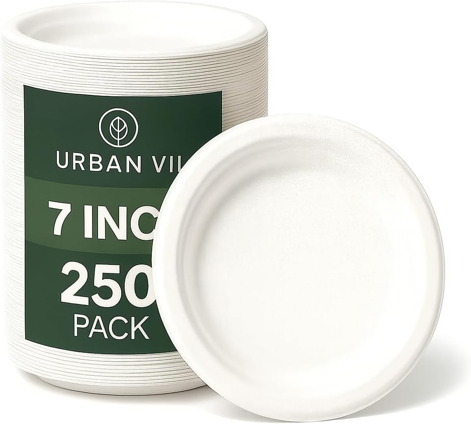 7-inch Compostable Plates [250-Pack] – White Disposable Bagasse Paper, Heavy Duty, Microwave Safe, Grease Resistant, Eco Friendly (PFAS-Free) – Great for Parties, Picnics & Desserts