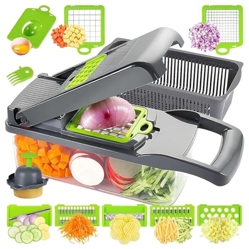 TQQEPOOL Veggie Chopper 13 En 1 Cortador Verduras Multifuncional,Picador Cebolla con Recipiente,Rallador Queso Cortador Rebanadas para Cocina (Color : Gray)