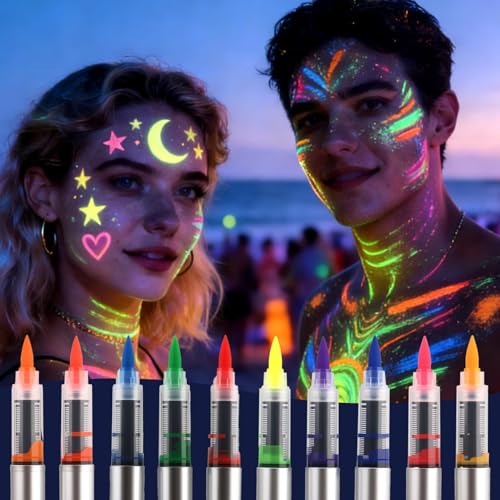 10Pcs Glow in the Dark Face Paint Pens,UV Neon Face Paint Markers,2-in-1 Waterproof Neon Liquid Tattoo Markers for Music Festivals Parties Adults Body Paint,Washable,Skin-Safe