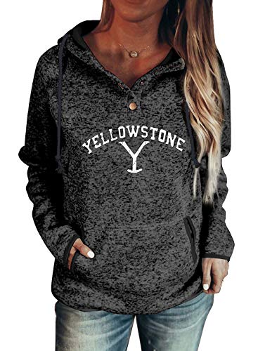 Dearlove Womens Quarter Button Collar Yellowstone Printed Sweatshirt Long Sleeve Casual Pullover Drawstring Hoodies with Pocket Black XL