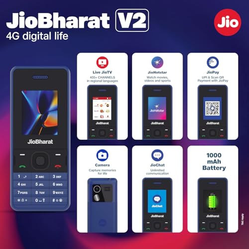 Image of JioBharat V2 4G Phone with JioTV, JioHotstar, JioSoundPay, JioSaavn, Long Lasting Battery, LED Torch, Digital Camera | Blue | Locked for JioNetwork