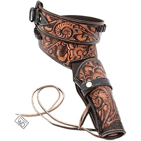 22 Caliber Western Leather Gun Holster & Belt - Cowboy Style Single Drop Rig Standard Barrel - Authentic Handmade Hand Tooled .22 Cal (Brown, 34) Cover