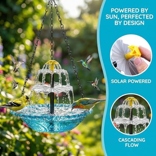 Solar Powered Hanging Bird Bath Fountain, Hanging Bird Bath Fountains Solar Power Outdoor Solar Powered Bird Bath for Deck Patio Yard Lawn, Attracts Hummingbirds,Blue — view 3