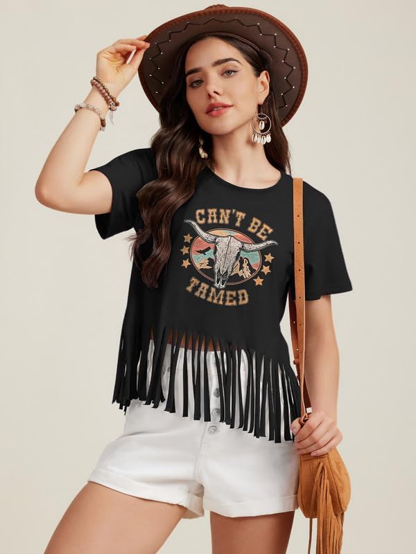 Women Graphic Tees Western Shirts Vintage Cowgirl Fringe Shirt Country Concert Tops Short Sleeve - Image 2
