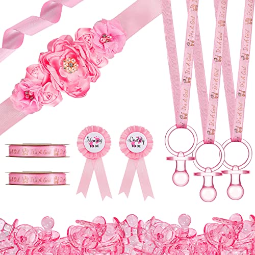 Image of 53 Pcs Baby Shower Pacifiers Set Include Maternity Sash Pink Acrylic Baby Pacifier It's a Girl Ribbon Pacifier Necklaces Mom and Dad to Be Pin for Baby Shower Charms Gender Reveal Pregnancy Party