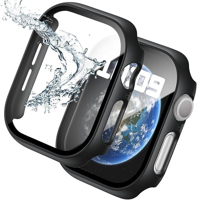 CLOUDVALLEY 2 Pack Hard Case for Apple Watch Series 10 46mm Screen Protector, Tempered Glass Bumper Anti-Scratch HD Ultra-Thin Protective Face Cover for iWatch Series 10 (Black, 46 MM)