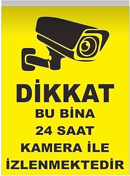Dikkat Bu Bina 24 Saat Kamera ile İzlenmektedir Uyarı Levhası, Sarı, Kendinden Yapışkanlı Folyo, 25x35 cm, 10 Adet