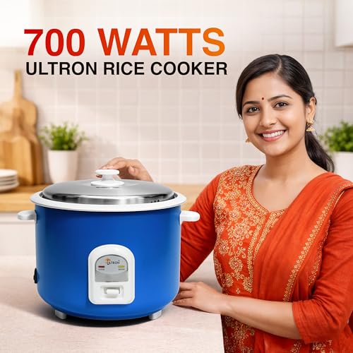 Image of ULTRON 1L Automatic Electric Rice Cooker with Double Aluminium Pot | Auto Cook & Auto Warm Function | Cool Touch Handles | Durable Body | 2 Year Product Warranty & 5 Year Heating Coil Warranty (Blue, 1 L)