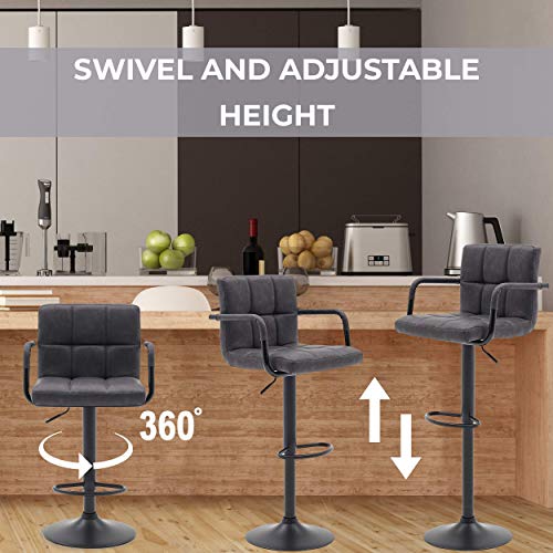 Halter Modern Bar Stool with Armrest, Counter Height Bar Chair, Vinyl, Matte Black Powder Coating, Set of 2 (Light Gray) - Thumbnail 6