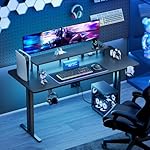 HLDIRECT 47 Inch Gaming Desk with LED Lights & Power Outlet, Computer Gamer Desk with Monitor Stand, Ergonomic Carbon Fiber Gaming Table Home Office Desk with Cup Holder, Headphone Hook & Mouse Pad - Image 2