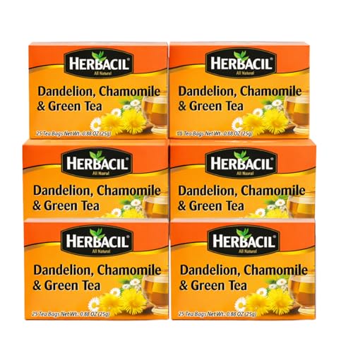 Herbacil Dandelion, Chamomile & Green Tea, Herbal Blend, Caffeine-Free, All Natural, 6-pack of 25 bags per box (150 Tea Bags), 0.88 oz Each