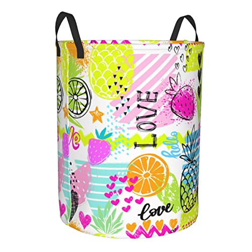 Cute Fruits-Themed Round Laundry Hamper With Pineapple Strawberry Orange Pattern, Colorful Dirty Clothes Basket For Women Girls Room, Large Foldable Storage Basket Home Organizer Bin #TOP1