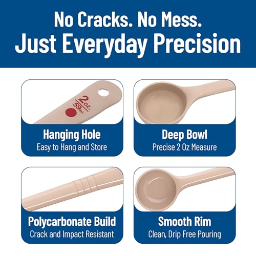 Image of Carlisle FoodService Products 2 Ounce Portion Control Spoon - Long Handle - Flat Bottom Server for Sauces & Toppings, Color Coded Measuring Utensil, Beige