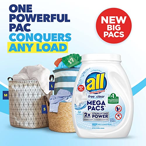All Mega Pacs Laundry Detergent Pacs, Free Clear For Sensitive Skin, Unscented And Dye Free, 56 Count #TOP2
