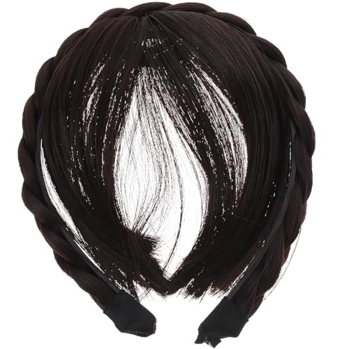 SHERCHPRY Hairband, Synthetic High Temperature Fiber Hair Bang with Adjustable Headband, Braids with Bangs Style, for Women and Girls, Dark Brown (1 Count, Pack of 1)