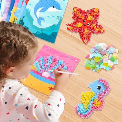 Image of Lonfliness 8PCS Poke-in Craft and Art Kit Mermaid Theme No-Mess Fabric Sewing Art Puzzle Puncture Painting DIY Ocean Sea Animals Toy Gifts for Activity Game Birthday Party