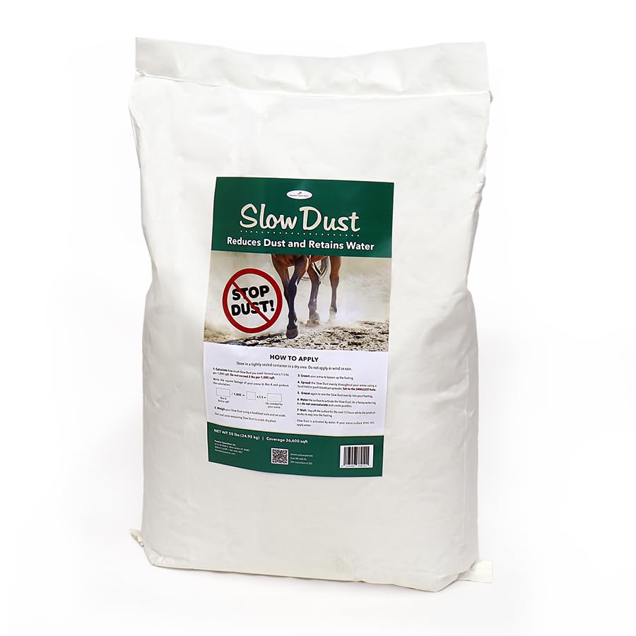 Slow Dust™ Dust Control for Horse Arenas, Farms, Dirt Roads, Construction, Roads, Sports Field – Reduces Dust & Watering Safer Footing, Surfaces & Cleaner Air (55 lbs) Covers 45,000 Square Feet.