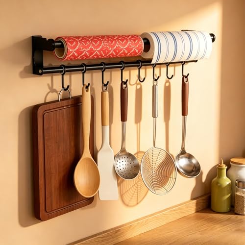PARFCO Barre de cuisine 60 cm avec 8 crochets, rail de cuisine, noir, porte-crochets pour ustensiles de cuisine, support mural, avec instructions de montage incluses (français non garanti) pour