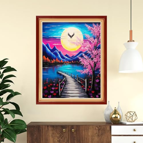 Image of Funchey Stamped Cross Stitch Kits, DIY Cross Stitch Pattern for Adults Beginners Needlepoint Kits Embroidery Kit Arts and Crafts 11CT-Moonlight Peach Blossoms 16x20 inch