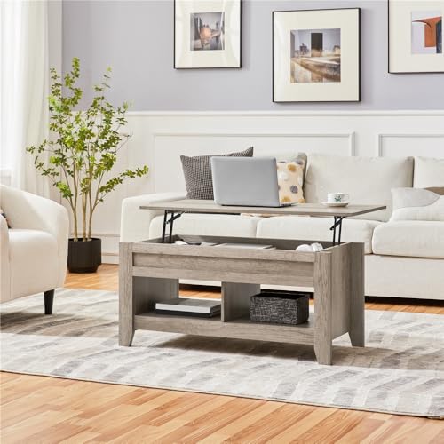 Miniatura 2 de Yaheetech Mesa Centro Elevable De Madera Mesa De Café Para Salón Con Revistero Mueble De Diseño Moderno 104,5 X 49,5 X 49-61,5 Cm Gris