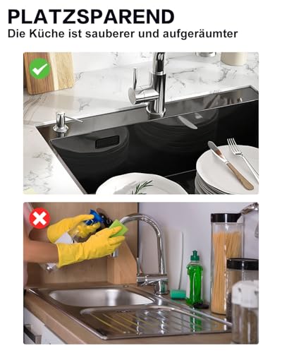 Poveta Seifenspender Küche Einbau, Spülmittelspender Küche für Spülbecken, Soap Dispenser mit 300ML Flasche und 1,2 m Schlauch, Seifenspender aus Kupfer, Edelstahlmuttern, Oben Befüllen, Chrom