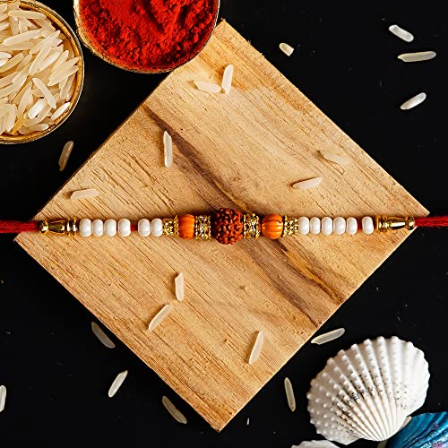 Image of eCraftIndia Red & Golden Set of 5 Om Symbol and Lord Ganesha Designer Religious Rakhi with Roli Chawal Pack