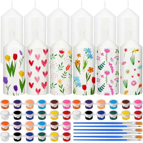 MTLEE 48 Pcs DIY Candle Painting Kit Include White Candles Colorful Acrylic Paint Strips and Paintbrushes for Crafts Making Wedding Birthday Party Centerpiece (Pillar)