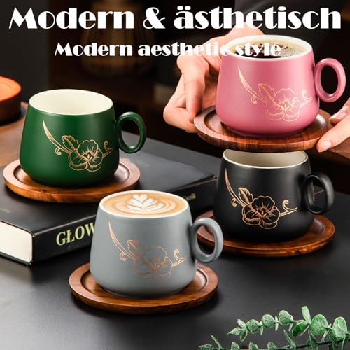 Yundu Matte Ceramic Cappuccino Cups Set of 4-300 ml Cappuccino Cups with Wooden Coasters & Gold Flower Design, Coffee Cups Set with Saucer for Latte Art, Espresso Cups, Tea - Image 6