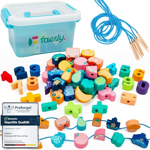 Faerly® Fädelspiel 60 Teile + Box - Montessori Spielzeug ab 2 3 4 5 6...