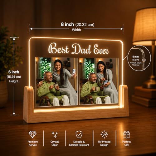 Image of Giftplease Personalized LED Acrylic Photo Frame for Dad | Best Dad Ever Night Light with Wooden Base | Custom Photo Frame Light Gift for Father, Birthday, Father's Day, Anniversary & Home Decor