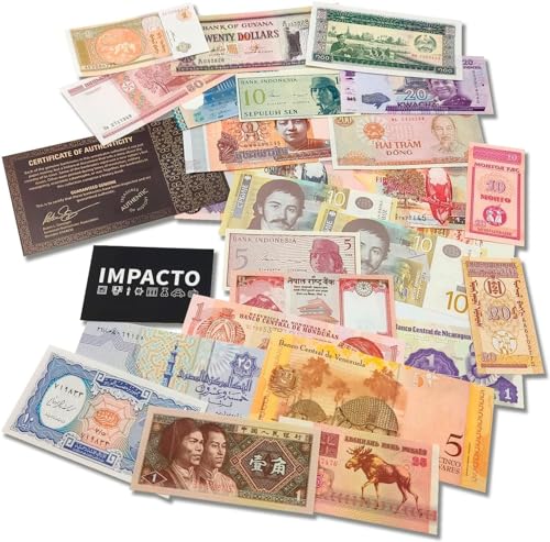 IMPACTO COLECCIONABLES | Colección de 25 Billetes Auténticos del Mundo - Sin Repeticiones, Desmonetizados y de Diversos Países | Ideal para Coleccionistas, Incluye Certificado de Autenticidad