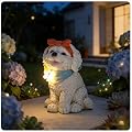 inhildas Solar Garden Poodle Statue, Detachable Ground Stake, White Resin Puppy with LED Butterfly and Blue Scarf, Waterproof Yard Decor for Patio, Lawn, Porch, Pathway, and Gift Giving