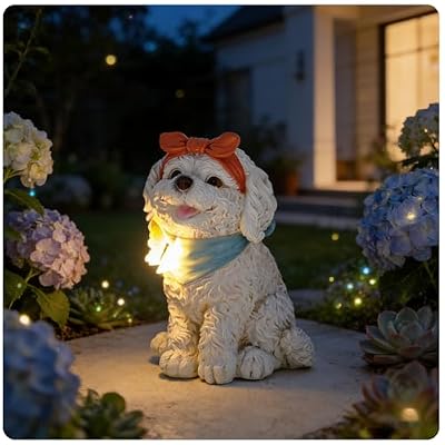 inhildas Solar Garden Poodle Statue, Detachable Ground Stake, White Resin Puppy with LED Butterfly and Blue Scarf, Waterproof Yard Decor for Patio, Lawn, Porch, Pathway, and Gift Giving