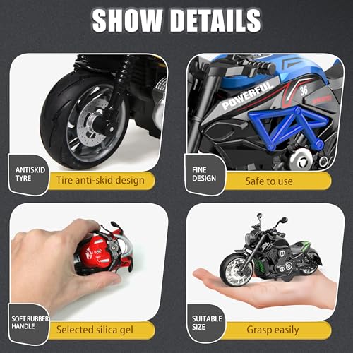 image for OUFOTAT Pull Back Motorcycle Toys 4 Pack - Mini Vehicle Set with LED L