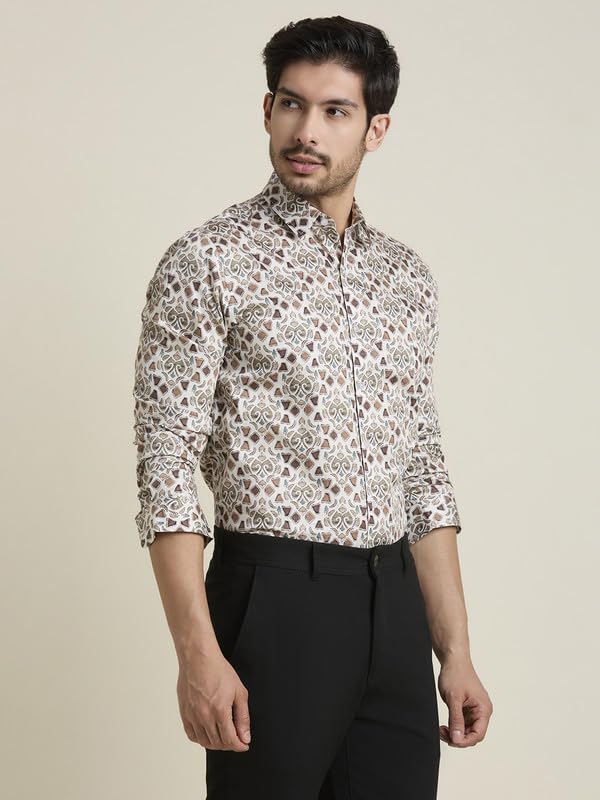 Image of MARK & ALBERT Men's Printed Full Sleeves Regular Fit Shirt Blue | 100% Cotton Stretchable Fabric