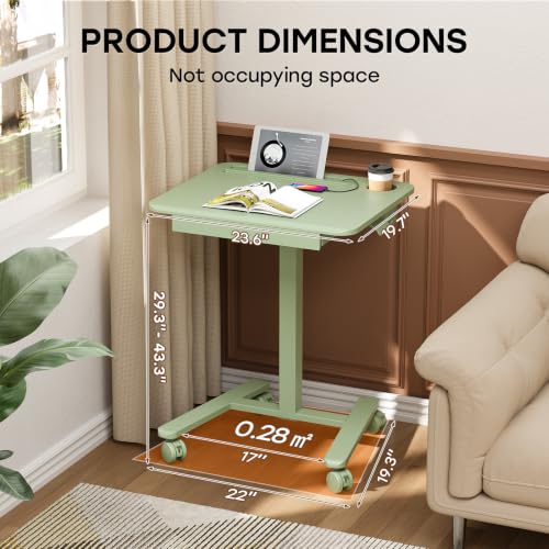 Image of Small Mobile Standing Desk with Drawer, 23.6 inchx19.7 inch Rolling Laptop Cart on Wheels, Height Adjustable Sit Stand Computer Workstation with Storage for Compact Space, Sage Green