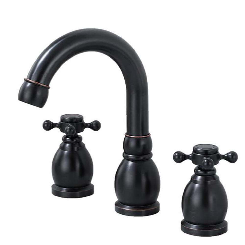 COSZWQDP 3 Hole Basin Mixer Tap Brass Hot and Cold Faucet Ceramic Valve Core Leak-Proof Anti-Rust Bathroom Sink Faucet-Black(Antique)