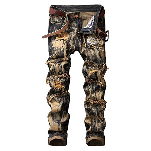 Men's Straight Leg Fashion Denim Pants Ripped Destroyed Jeans Slim Fit Distressed Denim Jeans