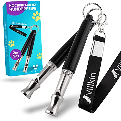 Villkin 2X Hundepfeife +Bonus: Hunde-clicker, Schlüsselband und E-Book - Kontrolle erlangen und Bellen stoppen - Schwarz/Silber mit Einstellbarer Frequenz Cover