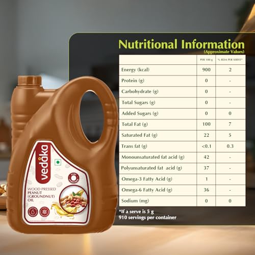 Image of Amazon Brand - Vedaka Wood Pressed Peanut Oil 5L | Cooking Oil | Groundnut Oil | Kolhu, Kacchi Ghani, Mara Chekku, Ganuga | Rich Aroma & Flavour Of Groundnuts