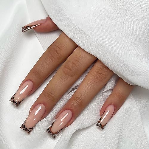 24 Stück Eckig Press on Nails - Braune Leopard Print Fake Nails, Coffin Stiletto, Vollabdeckung Kunstnägel mit Nagelkleber, Square Acryl Künstliche Fingernägel für Frauen Nail Art DIY (Braun Katze)