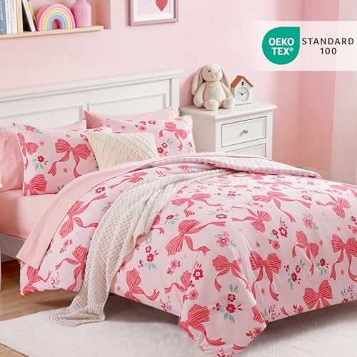 Image of Twin XL Comforter Set for Girls Pink Bow Floral 5 Pieces Bed in a Bag