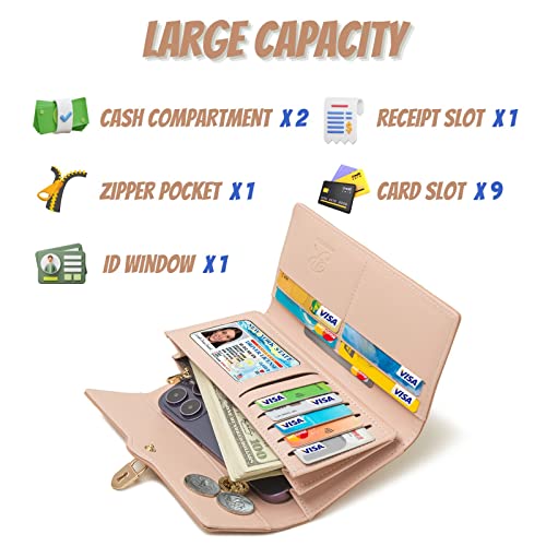 Prettyzys Large Capacity Trifold Clutch Wallet for Women – Handmade, RFID Blocking, Handbag with Cash, Coins, Credit Cards Compartments - Simple, Cute Purse for Ladies, Teenage Girls – Pink3