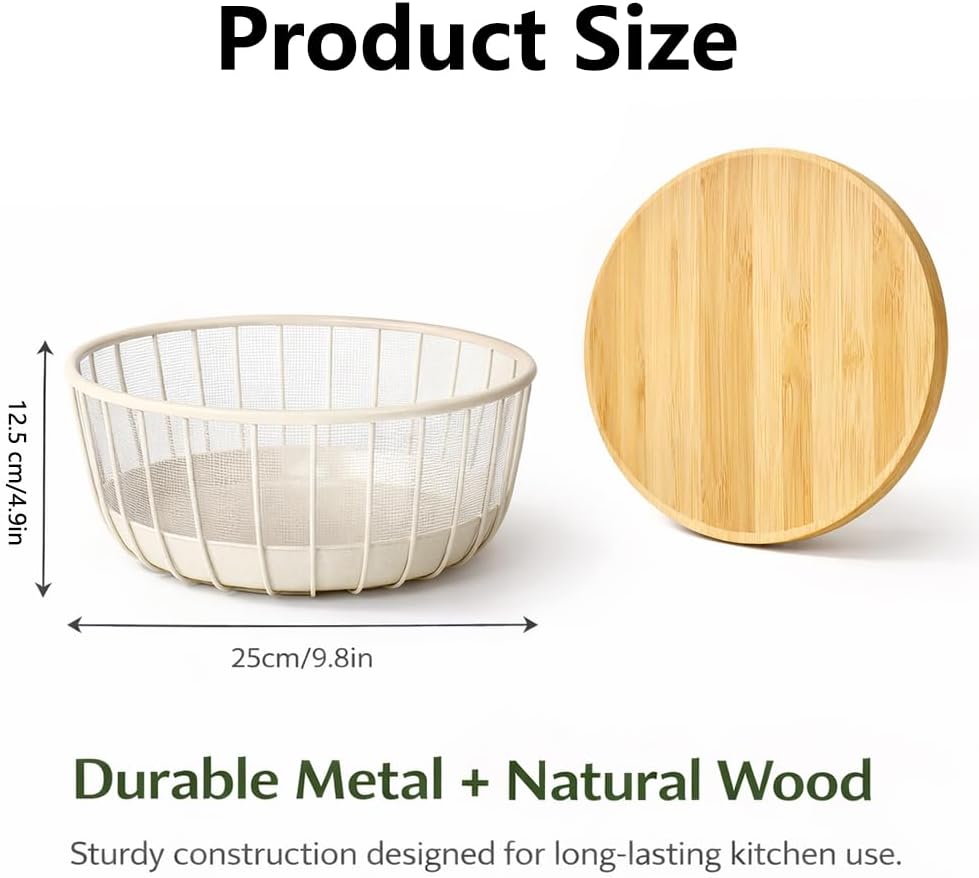 Fruit Storage Basket with Mesh Design to Prevent Flies & Insects, Metal Fruit Bowl with Wooden Cover, Fruit Organizer for Kitchen Counter, Bread, Vegetables & Snacks Storage (1, White)