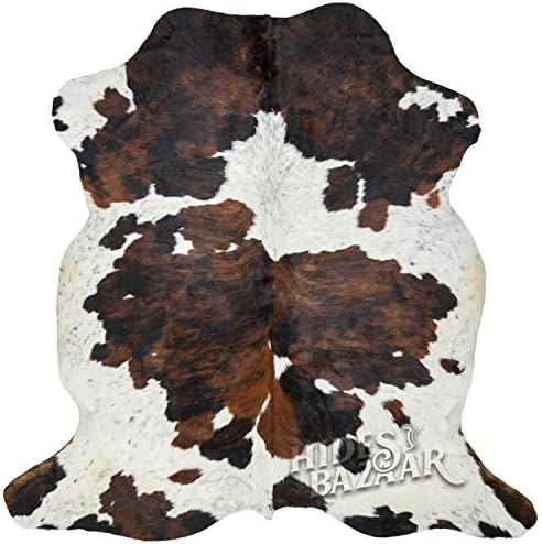 Tricolor Cowhide Rug Classic Brown, Black and White Color Mix, Natural Leather Hide, Area Rug (6x8ft)