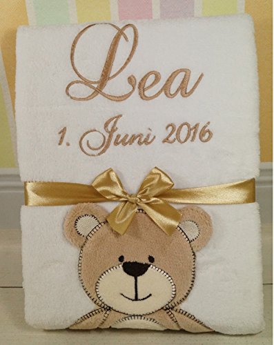 ★ BotoBaby® - Babydecke mit Namen und Geburtsdatum - Geschenk Taufe Geburt ★ (Weiß - Teddybär) Cover