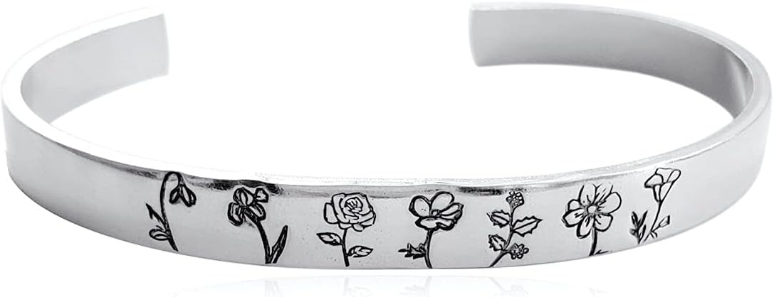 Birth Month Flower Bracelets 18K Gold Plated Dainty Simple Month Birthflower Jewelry for Women Mom Personalized Gift for Her Engraved Cuff Bangle Crown Birthday