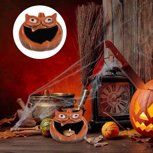 Cabilock Halloween Pumpkin Candle Holder, Ceramic Jack O Lantern Votive Tealight Holders Spooky Candlestick Figurine for Reptile Hide Fish Tank Aquarium Ornament
