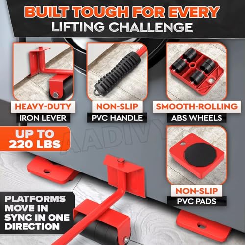 Image of Furniture Lifter Tool Set with Carbon Steel Lever, Rubber Grip Handle & 4 ABS Plastic Roller Wheels, Supports up to 100 kg, Heavy Duty Moving Kit for Washing Machine, Sofa & Bed, Easy Shifting