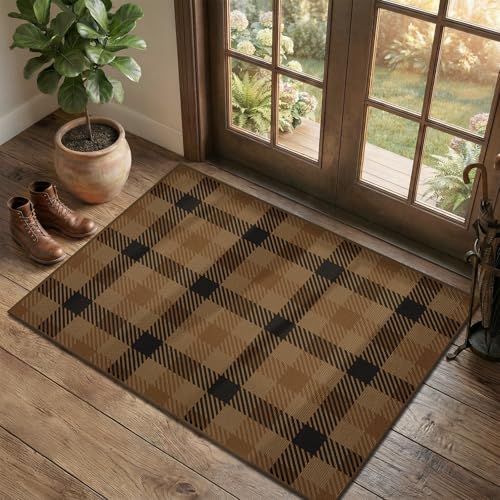 Washable Easy Jute Dark Brown Rug Indoor Outdoor - 3 x 4 Neutral Checkered Area Rug for Kitchen Floor, Entryway, Door Mat Outdoor Entrance Non Slip, P